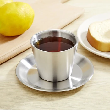 

Two Pieces Set Double Layer Coffee Cup Europe Fashion Stainless Steel Hot Resistance Coffee Cup Set with Plate