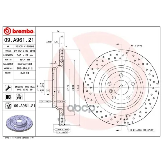 Торм.Диск Зад.[345x22] 5 Отв.[Min 2] Brembo арт. 09.A961.21