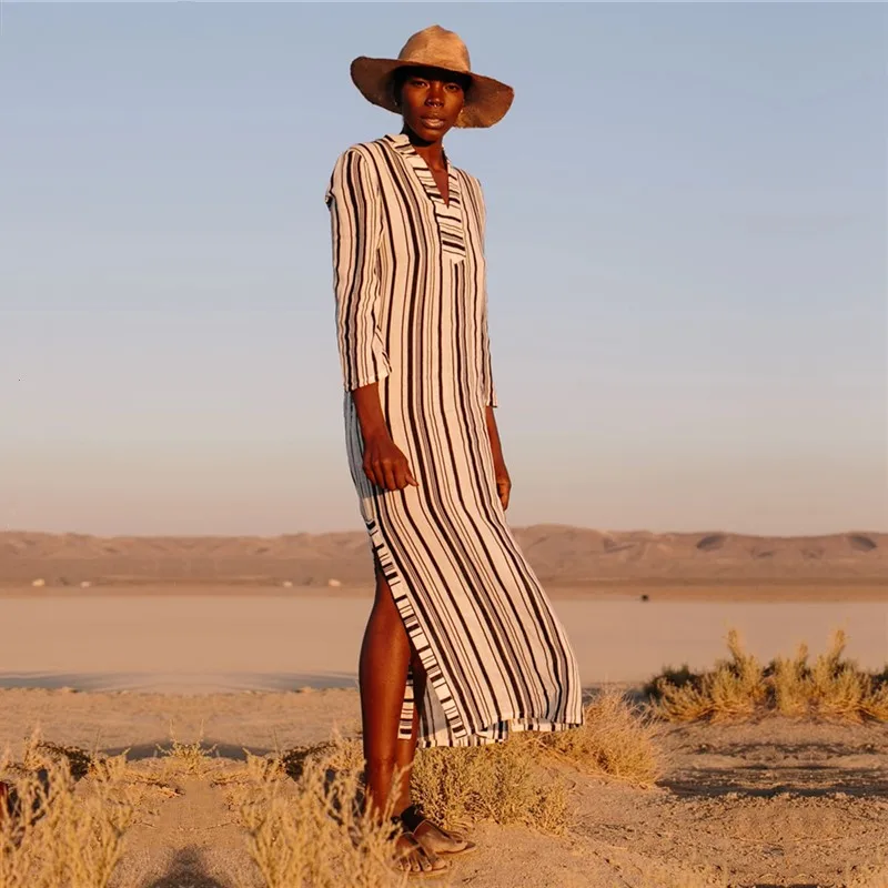 Хлопковое Полосатое парео Пляжное накидка сексуальный купальник женский кафтан