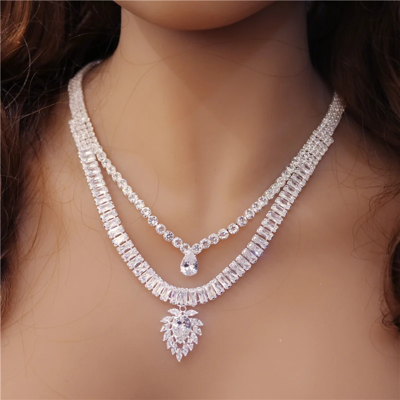 

New Fashion Exquisite Water Drop Pendant Zircon Necklace Earrings Set Shining Crystal Women's Jewelry Wholesale And Retail