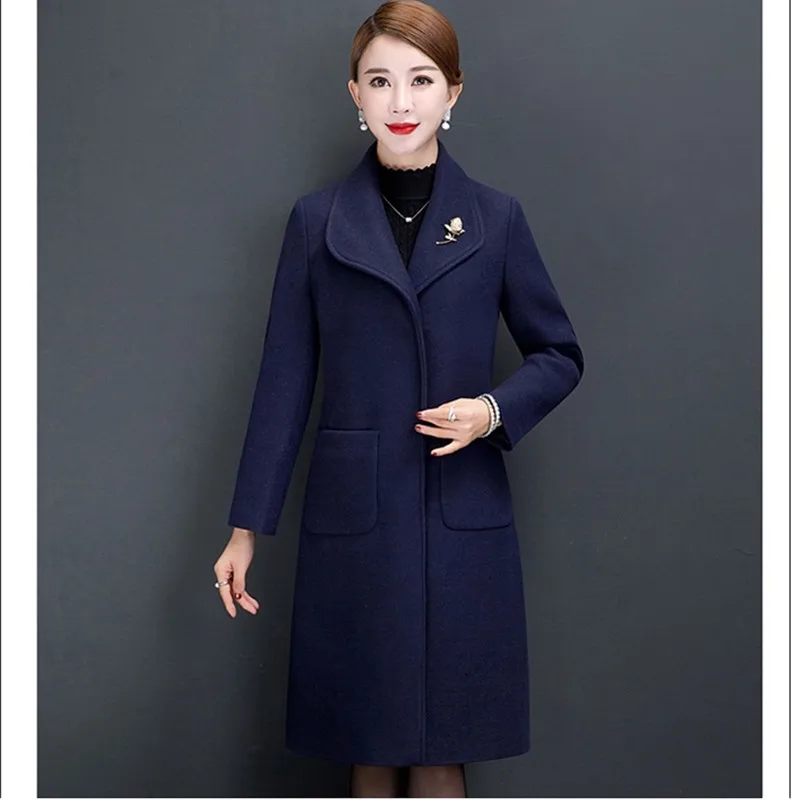 Dark blue UHYTGF 4XL плюс размер пальто женский темперамент мама осеннее шерстяное пальто однотонные тонкие длинные куртки женские повседневные Теплые Топы 443 - Цвет: Dark blue
