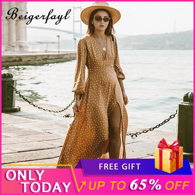 

Beigerfayl 2019 Dot Print Fall Dress Ladies Vacation Vent Vestidos V Neck Ankle Length Women Dresses Ropa Mujer Sukienka RM1076