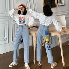 Осенние широкие брюки свободные прямые Джокер Высокая талия джинсы женские осенние печатные граффити длинные брюки