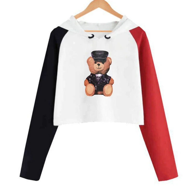 

Cartoon Animation Spring Autumn New Loose-Fit Color Panel Hooded Short Sweater Women's Cartoon Bear Printed Long-Sleeve Women's