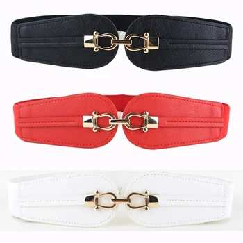 

Lady Women Stylish Gold Double Buckle Belt Leather Stretchy Dress Waist Band HOT LLBLT0507