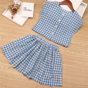 

Girls Sets New Spring Summer Plaid Children Sleeveless Blouse Shirt + Skirt 2PCS Kids Suit Fashion 3-7T Children Clothes