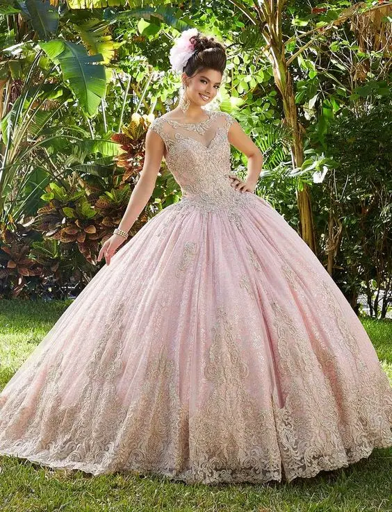 

Ball Gown Sweet 16 Quinceanera Dresses Pink Lace Appliques Cap Sleeves Formal Prom Dresses vestido de 15 anosquinceanera