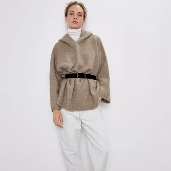 

Fashion ZA Sweater Hooded Pullover Khaki Long Sleeve Casual Jacket Loose Women Knit Sweater Autumn Winter Coat Newly Wholesale