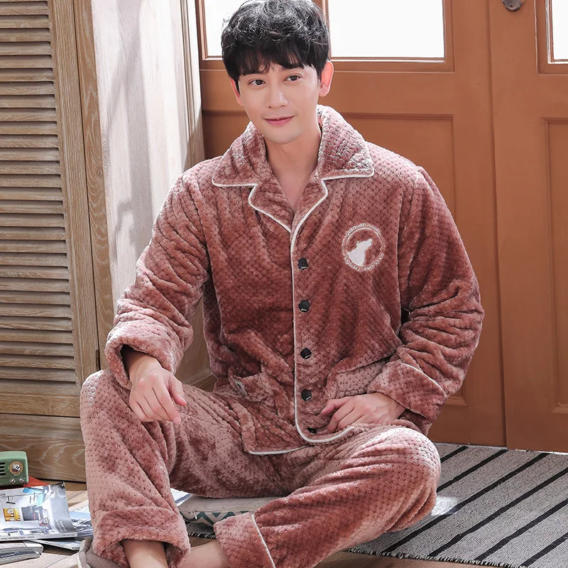 Mens Thick Warm Winter Pajamas Men Coral Fleece Long sleeve Trousers