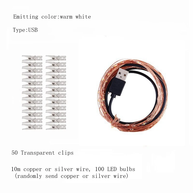 USB светодиодный гирлянды на открытом воздухе гирлянда фото клип украшения сказка/Коллона светящаяся гирлянда батарея Рождество вечерние меди - Испускаемый цвет: 10m 100leds