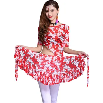 

2020 Belly Dance Practice Clothes Sets Top+Waist Wrap Lace Sleeves Printed Suit Yoga Dance Costume 2piece