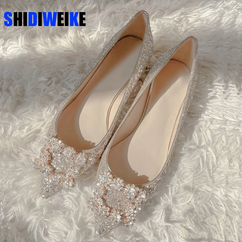 Zapatos de boda para mujer, mocasines planos con punta de y cuadrada, brillantes, poco profundos, cómodos, ostentosos, 33 44|Zapatos planos de mujer| - AliExpress
