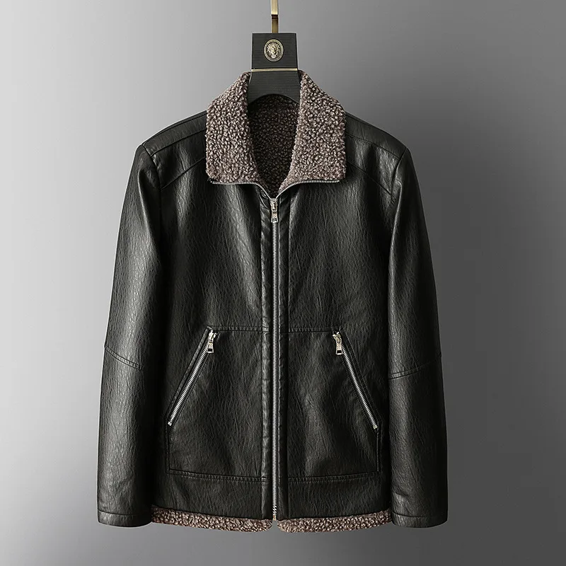

2019 Men Winter Lapel Plus Velvet Thicken Leather Coat Slim Fit Money Men Leather Jacket Coat