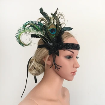 

Women Lady Vintage Beads 1920s Peacock Feather Headbands Fascinator Wedding