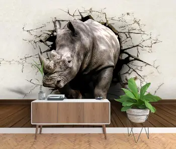 

CJSIR Custom Wallpaper 3d Mural Nostalgic Vintage Broken Wall Out The Rhinoceros Stereo Mural Background Walls 3d Wallpaper