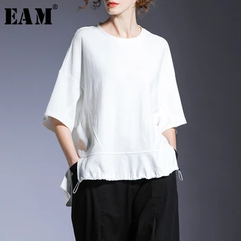 

[EAM] Women White Brief Back Long Big Size T-shirt New Round Neck Three-quarter Sleeve Fashion Tide Spring Summer 2020 1T722