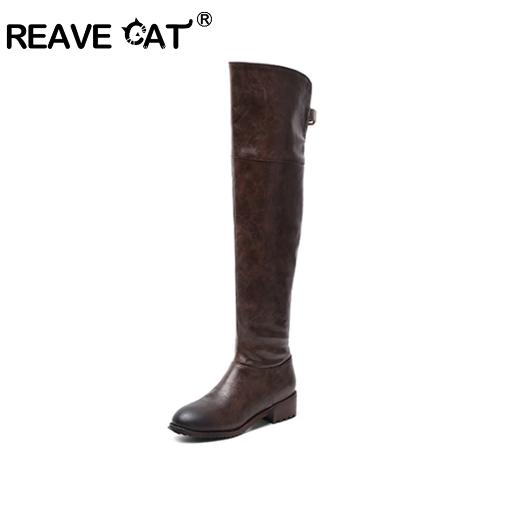 Женские Кожаные ботфорты REAVE CAT Новые облегающие высокие сапоги на низком каблуке
