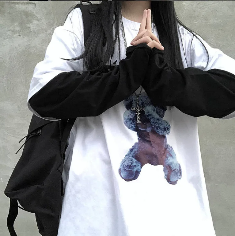 Для женщин Harajuku Винтаж футболка с длинным рукавом для девочек; корейский в стиле "петчворк" с надписями и принтом с О-образным вырезом, с эластичной резинкой на весну и зиму Топ Femme