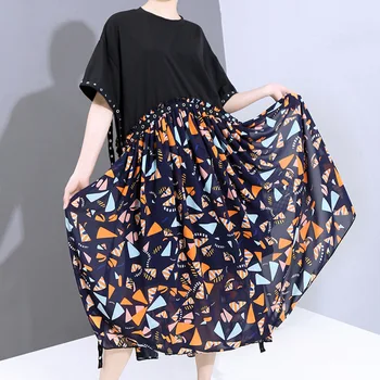 

Fashion Black Pattern Printed Patchwork Ribbon Dress 2020 New Casual Loose Round Neck Short Sleeve Big Size Dress
