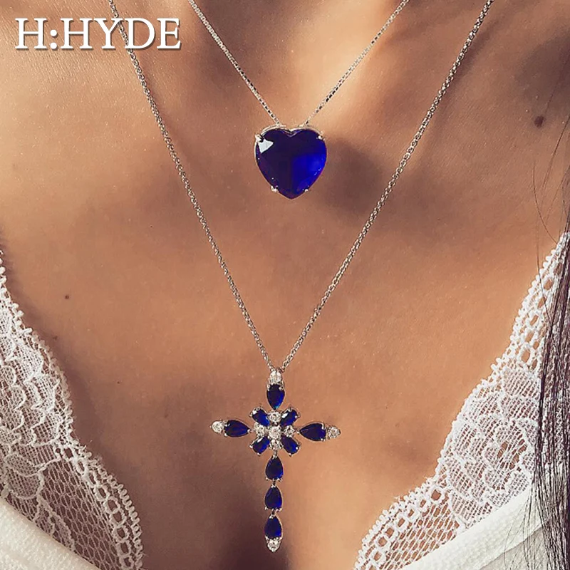 

H:HYDE Multilayer Blue Crystal Heart Cross Pendant Necklace for Women Rhinestone Choker Statement Ocean Jewelry Gift