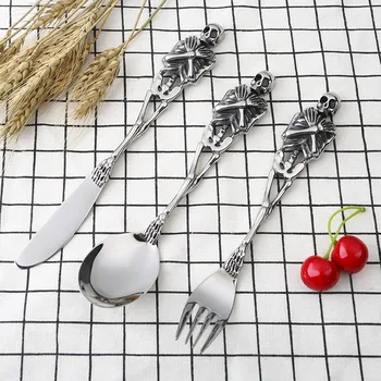 

New Stainless Steel Skeleton Spoon Fork Knife Collectible Tableware Skull Cutlery