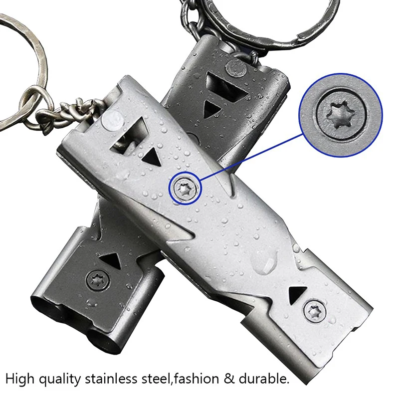 Stainless Steel Whistle Outdoor Camping Survival Whistle Double Tubes High Frequency Emergency Whistle With Keychain For Hiking