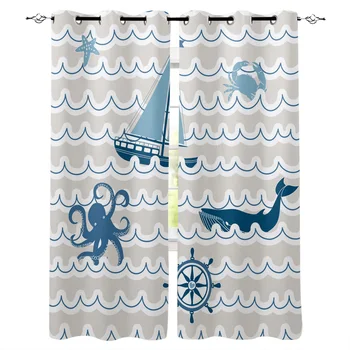 

Wave Sailing Octopus And Whale Window Curtains LivingRoom Kitchen Curtains for Bedroom Left and Right Biparting Open Curtains