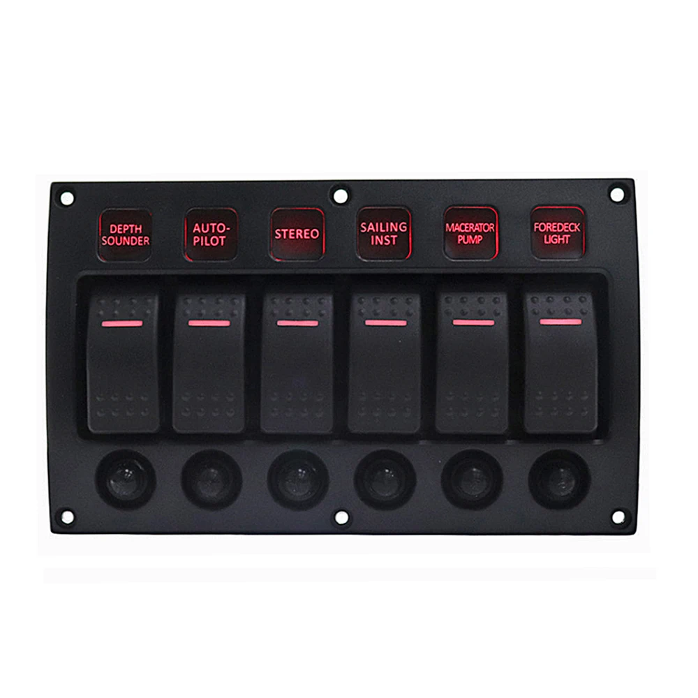  IZTOSS 12V-24V DC 6 Gang Red LED Toggle Rocker Switch Panel With Waterproof Circuit Breaker for Car - 4000340788621