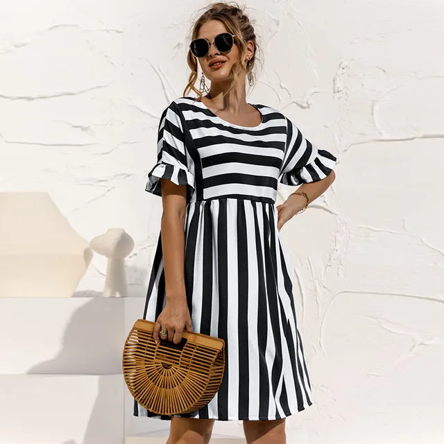Dress Women Summer Cute Loose Striped Print Ruffles Sleeves Dresses Elegant A Line Patchwork Beach Party Female Dress Vestidos WDA4012-BLACK