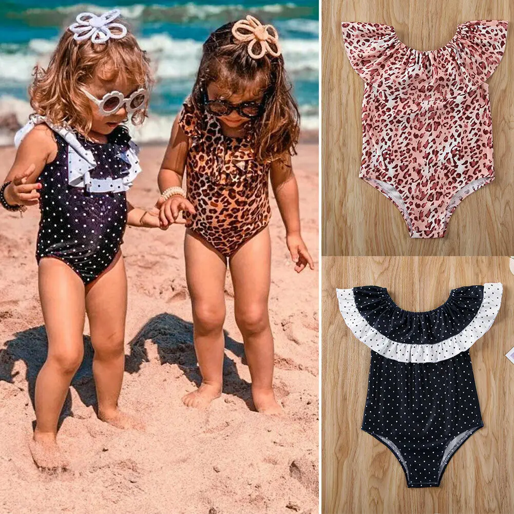 Fashion Kids Baby Girls One-piece Swimsuit Leopard Print Swimwear Summer Sleeveless Ruffles Collar Bikini Children Girl | Спорт и