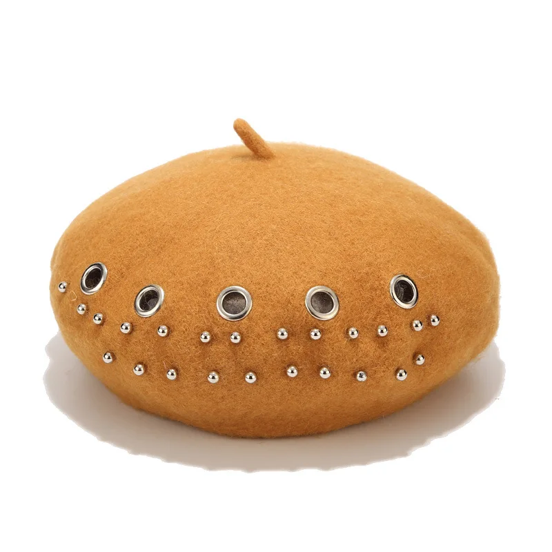 dark yellow Новинка, женская зимняя шапка, берет, Женская Шерстяная кепка с заклепками, 16 цветов, новинка, женские шляпы, кепка s, черная, белая, серая, розовая, Boinas De Mujer - Цвет: dark yellow