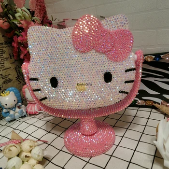 

Handmade Rhinestone Bling KT Dressing Mirror Helloo Kitty Makeup Portable Small Decorative Mirrors Table Makeup Decor Cute Cat