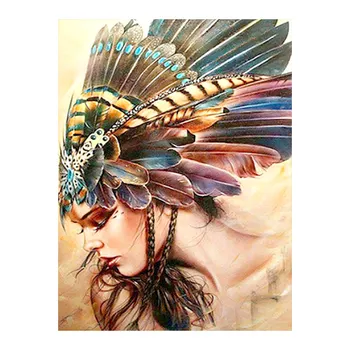

Woman wearing a feather headdress Diamond Painting Portrait Round Full Drill Nouveaute DIY Mosaic Embroidery 5D Cross Stitch