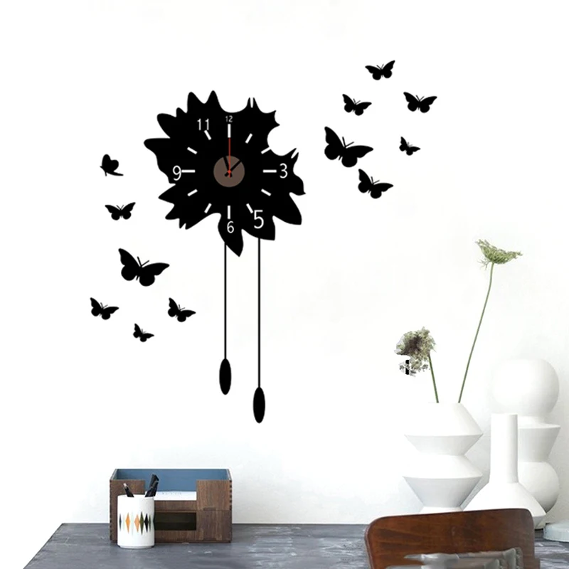 

New Removable Black Wall Clock with 12 Butterflies Background Modern Design Wall Sticker For Home Decor Wall Decorative Clocks