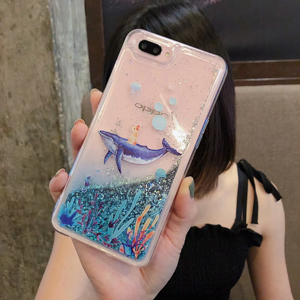 Жидкий чехол для iPhone 11 Pro XS Max XR XS 7 8 6 6s Plus Дельфин Кит Рыба цветочный фламиго сыпучий песок с блестками мягкий чехол