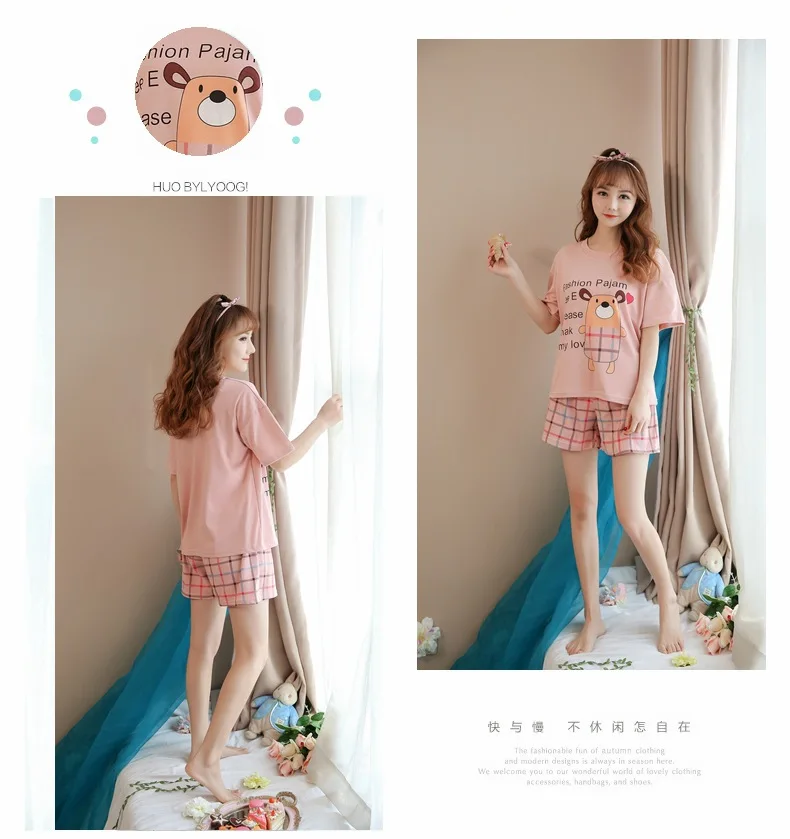 Летние пижамы в Корейском стиле, женские шорты с короткими рукавами, женский костюм, милый тонкий комплект из двух предметов с рисунком, домашняя одежда
