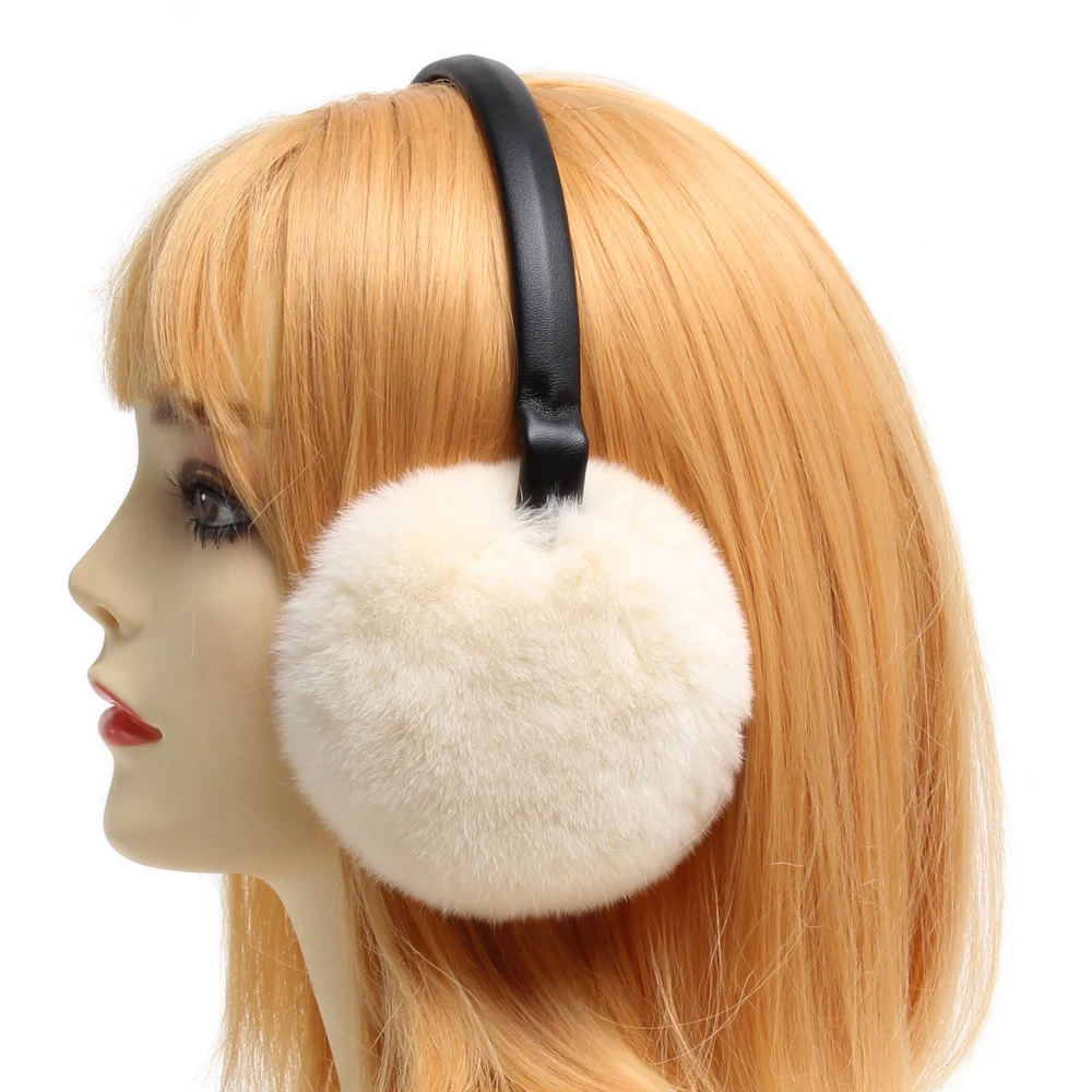 New Arrival Winter Women Warm Natural Rex Rabbit Fur Earmuff Lady Fashion Fluffy Pompoms Genuine Rex Rabbit Fur Earlap - Цвет: beige