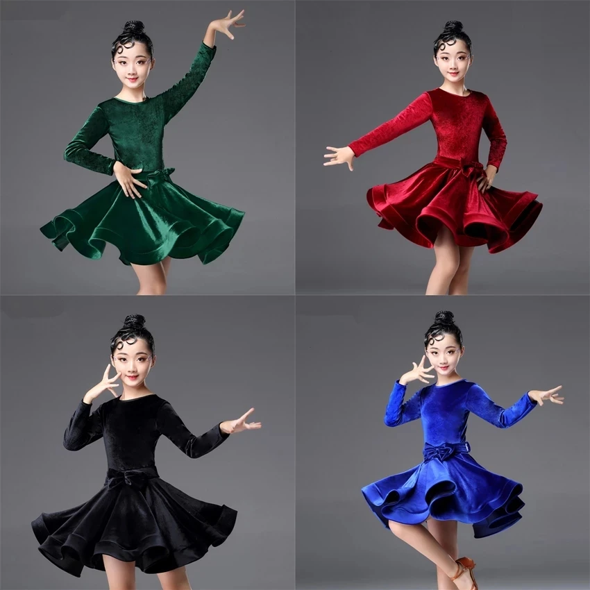 

Kids Dresses for Girls Long Sleeve Latin Dance Dress Velvet Ballroom Competition Party Stage Performance Practice Costumes