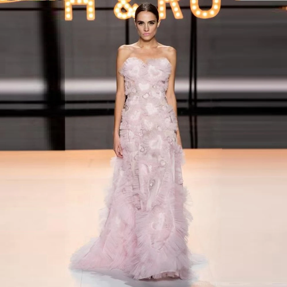 

2019 New Summer Women Pink Strapless Elegant Dress Long Maxi mesh Ruffles Backless Evening Celebrity Party Vestidos Wholesale