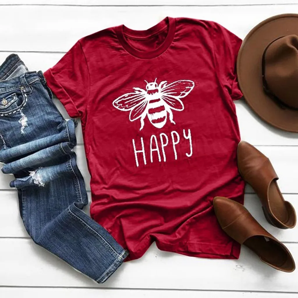 Женская летняя футболка размера плюс, хлопковая Футболка с круглым вырезом и принтом пчелы, Повседневная разноцветная рубашка с коротким рукавом, Женская сорочка