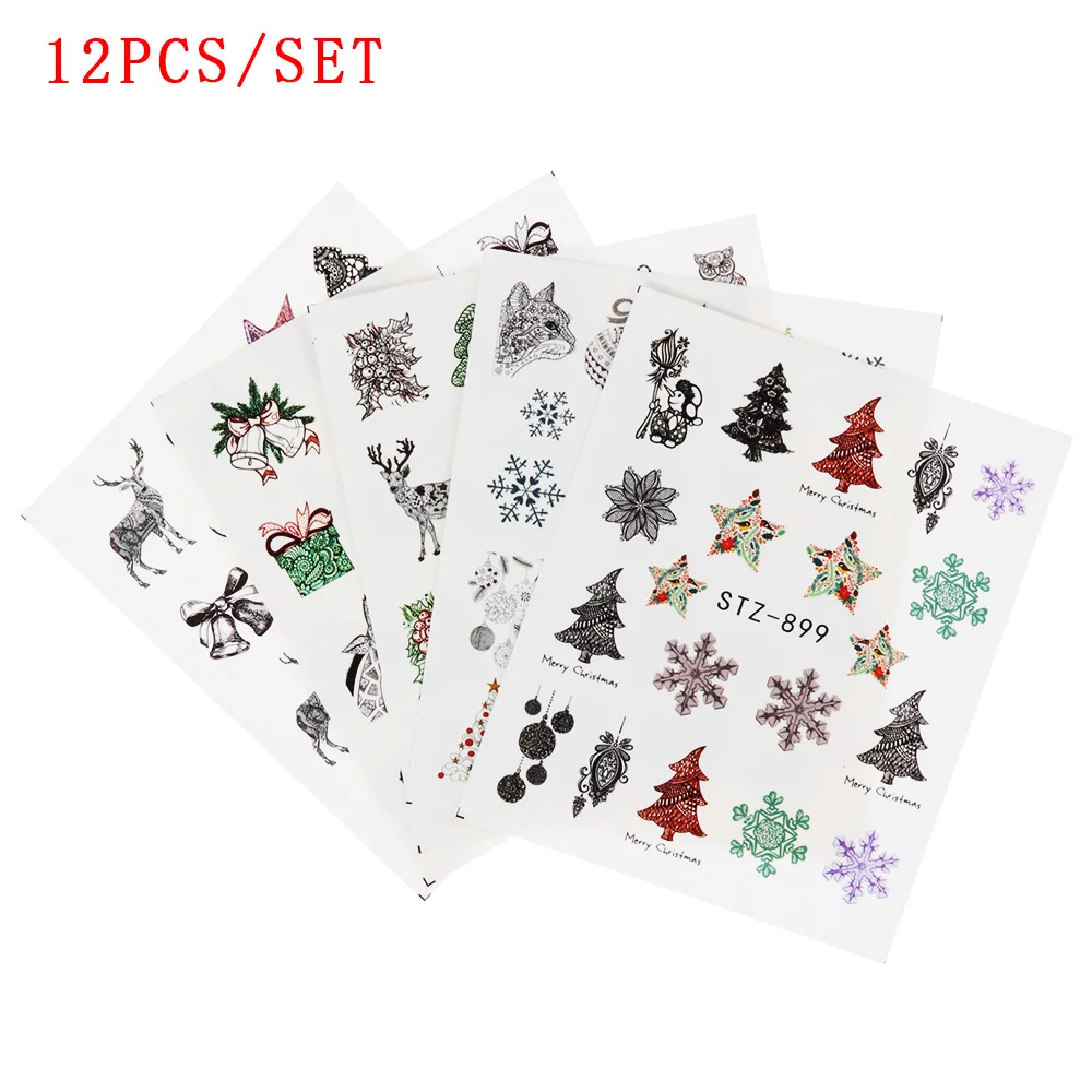 12Pcs 1/12 шт Рождественская наклейка для ногтей многоцветная лося снежинки Звезда Шарм Цветок переводная Наклейка украшения ногтей аксессуары - Цвет: 12Pcs