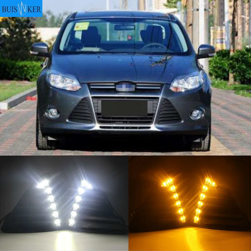 

Противотуманные фары, для Ford Focus 3 MK3, 2012 ~ 2015, дневные ходовые огни, ДХО, светодиодные, с желтым поворотным сигналом