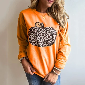 

Halloween Sweatshirt Women Tops Long Sleeve O Neck Pumpkin Shirts Leopard Print Pullover Loose Clothes Autumn Vintage Sweatshirt