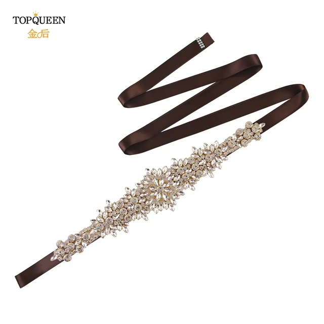 TOPQUEEN S319-G Plus Size Bridal Gowns Belts Golden Belts for Women Rhinestones Belt Girlfriend Luxury Ribbon Belt Wedding Sash Brown ribbon