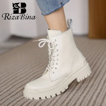 

RIZABINA Real Leather Women Ankle Boots Flats Mixed Color Shoes Round Toe Warm Boots Women Party Footwear Size 34-39