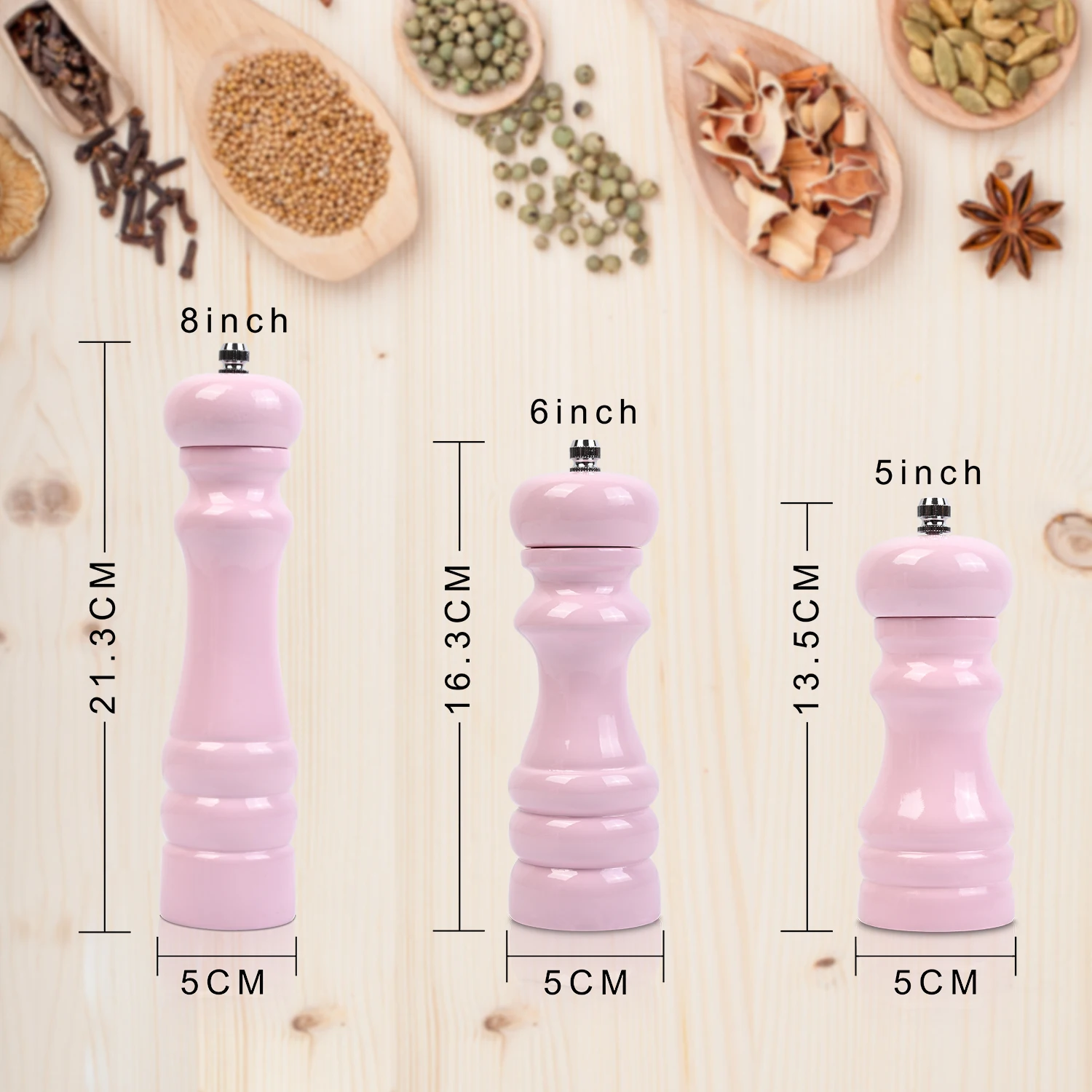 Manual Rubber wood PU Pink salt and pepper grinder with ceramic grinder core Refillable Manual Spr Wood, Spray Light pink Color