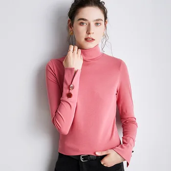 

shintimes Turtleneck Button Long Sleeve T Shirt Women 2020 Cotton T-Shirt Female Korean Style Woman Clothes Slim Tshirt Femme