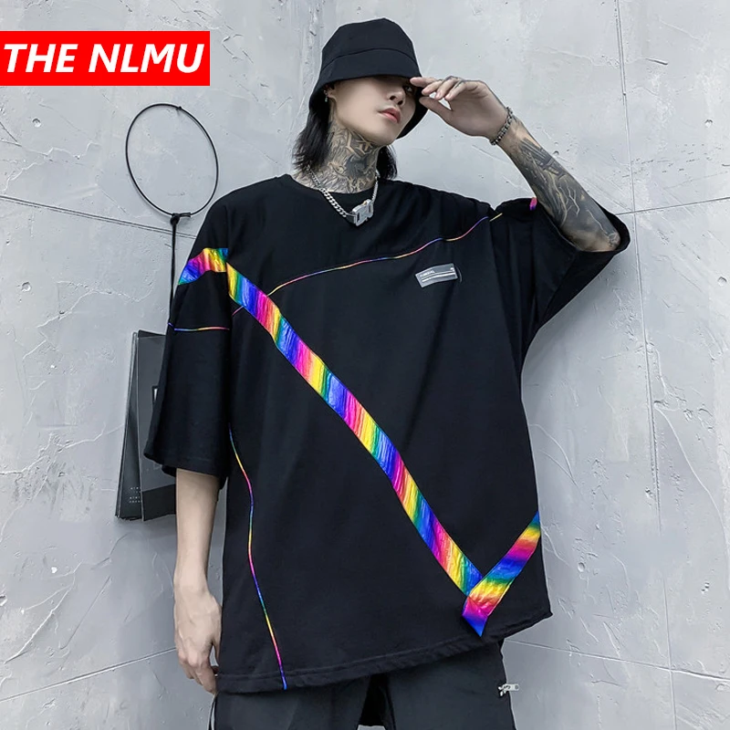 Men Harajuku T-shirts Color Stripes Short Sleeve T Shirt Hip Hop Streetwear 2020 Summer Men Casual T-Shirt Tops Tees Black WG805