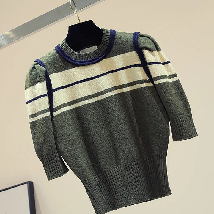 Новинка в Корейском стиле colorblock(цветовой блок), прошитая, с короткими рукавами шорты Модный вязаный свитер для женщин