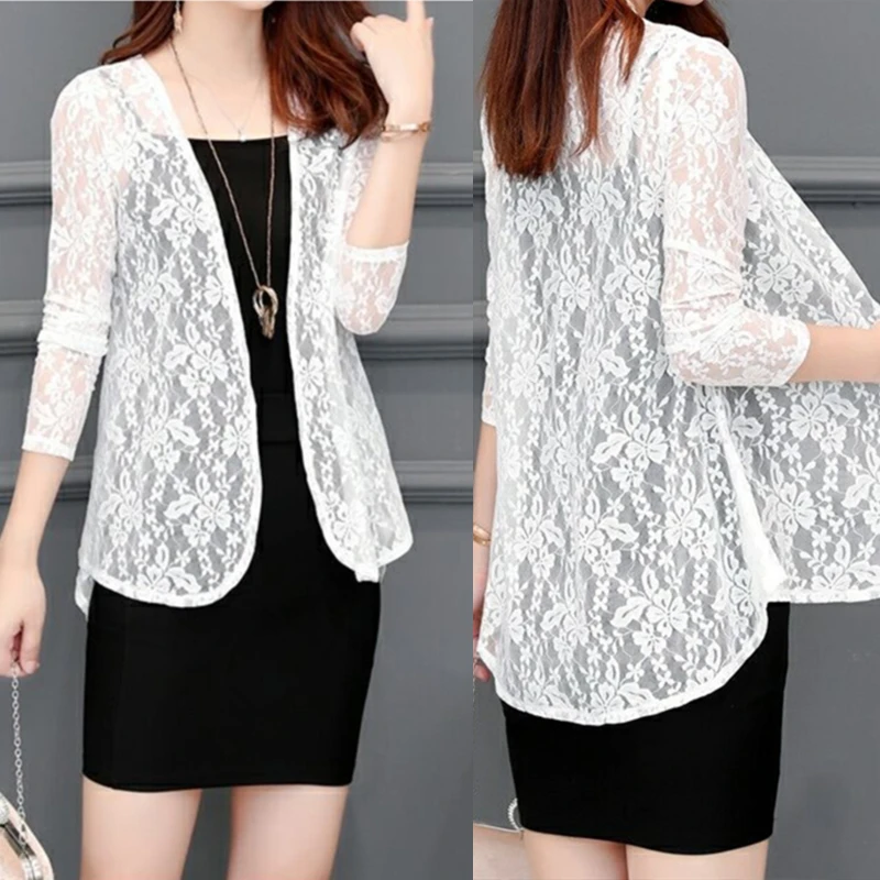 Blusas de Kimono de verano para mujer Blusas de encaje blanco blusa camisa de manga larga para mujer Blusas femeninas